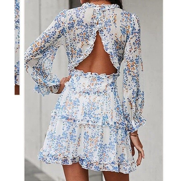 Summer Dress Size Large Boho Deep V Back Chicwish Floral Open Back Ruffle - Picture 3 of 14